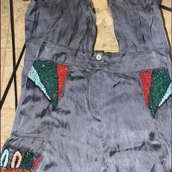 Anthropologie Boho Raga Bead Embellished Silky Satin Whimsical Pants Size S - Picture 4 of 11